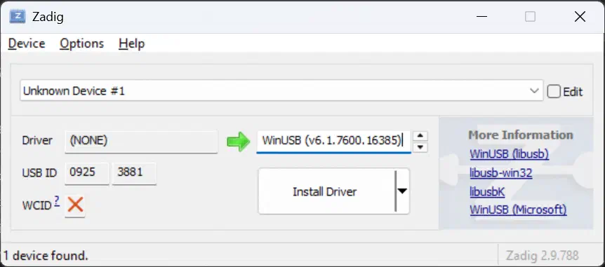 Installing the WinUSB driver via Zadig